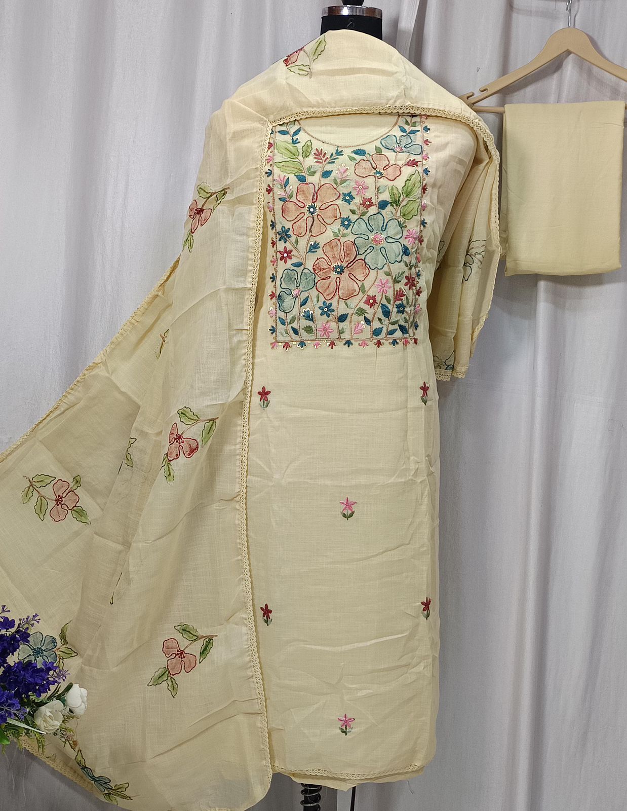 Cotton Linen Shirt with Neck Brush Paint & Sequence Embroidery Work