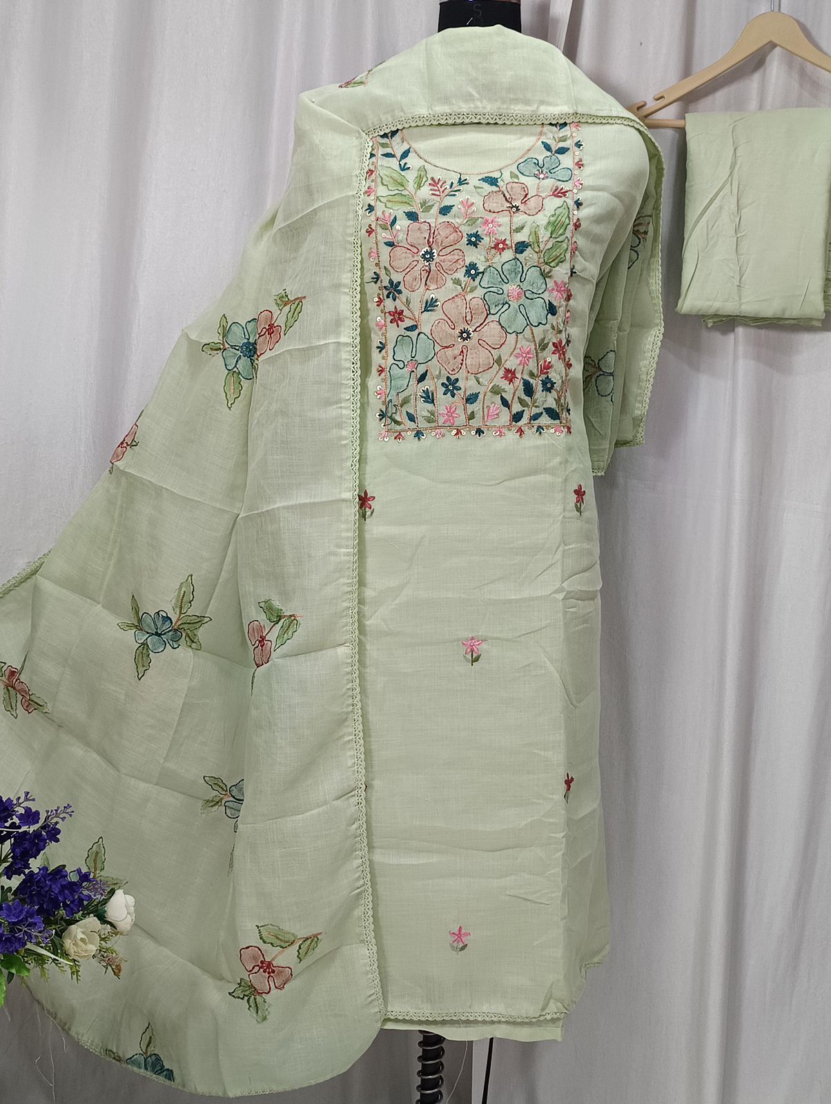 Cotton Linen Shirt with Neck Brush Paint & Sequence Embroidery Work