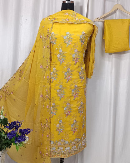 Elegant Pure Organza Embroidered Suit with Stone Work and Chiffon Dupatta