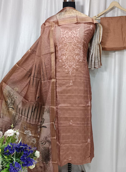 Pure Tusser Silk Printed Suit Set with Neck Sequin Embroidery