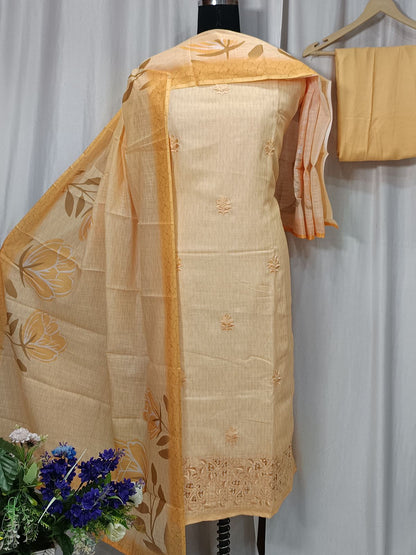 Cotton Linen Printed Shirt with Embroidery Work Suit