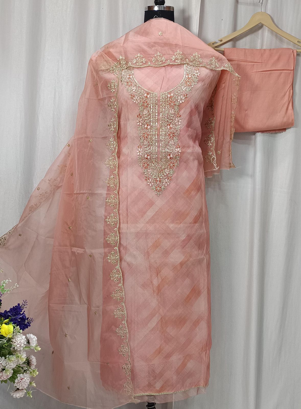 Pure Organza Digital Print Shirt with Neck Sequence Embroidery Work