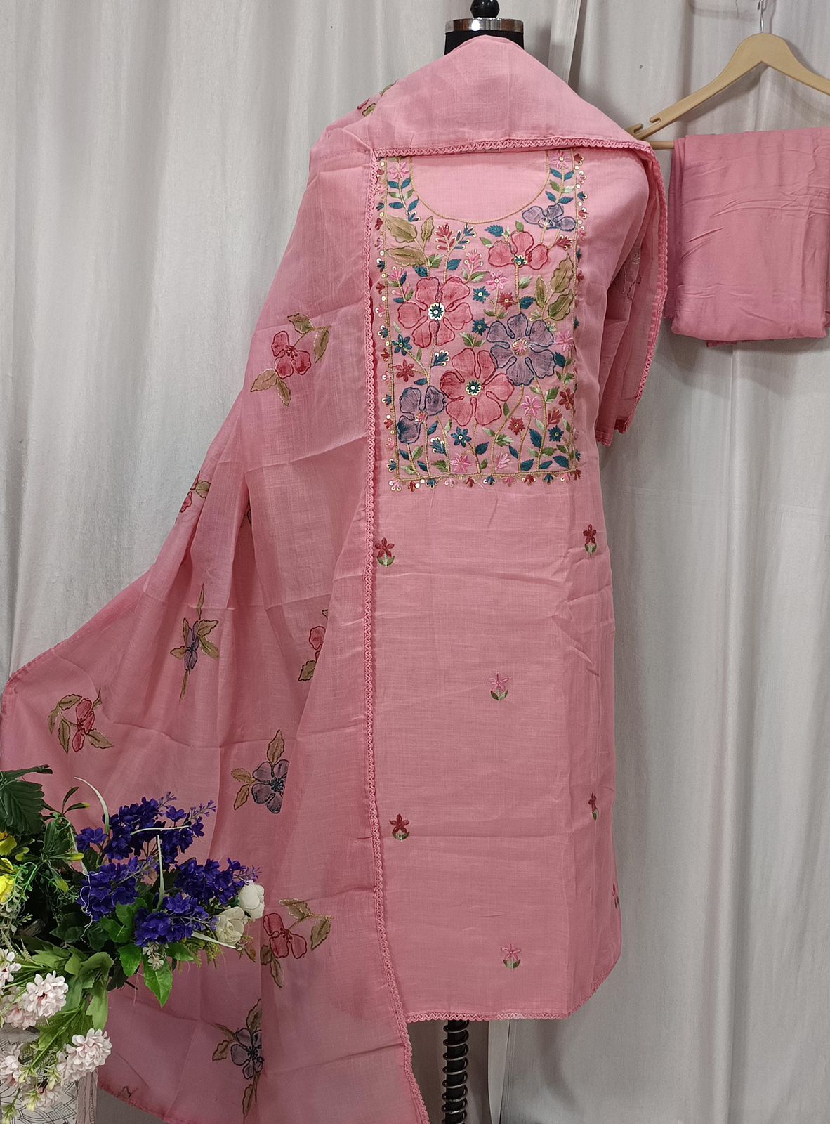 Cotton Linen Shirt with Neck Brush Paint & Sequence Embroidery Work