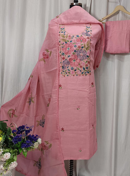 Cotton Linen Shirt with Neck Brush Paint & Sequence Embroidery Work