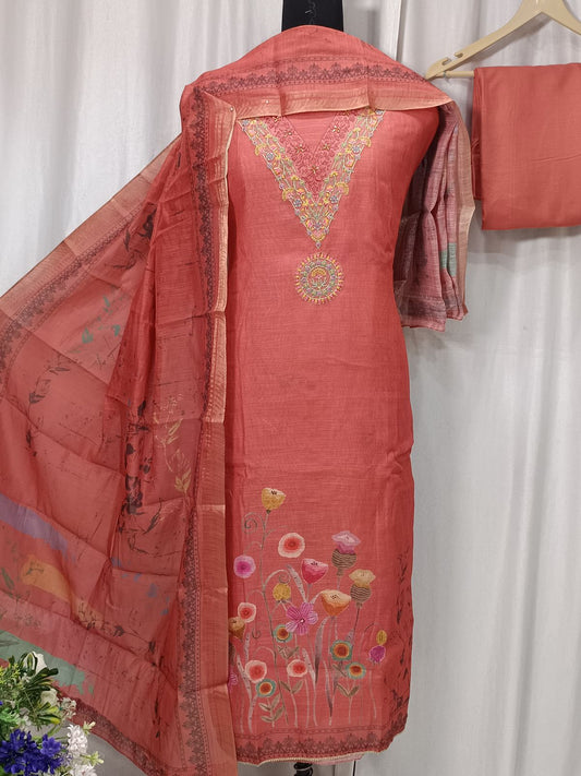 Cotton Linen with Digital Print and Neck Embroidery Work