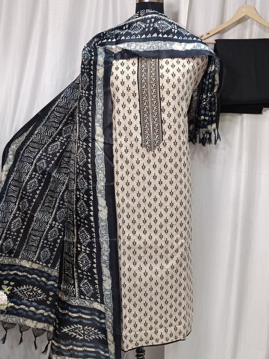 Khadi Cotton Printed Suit Set with Maheshwari Dupatta