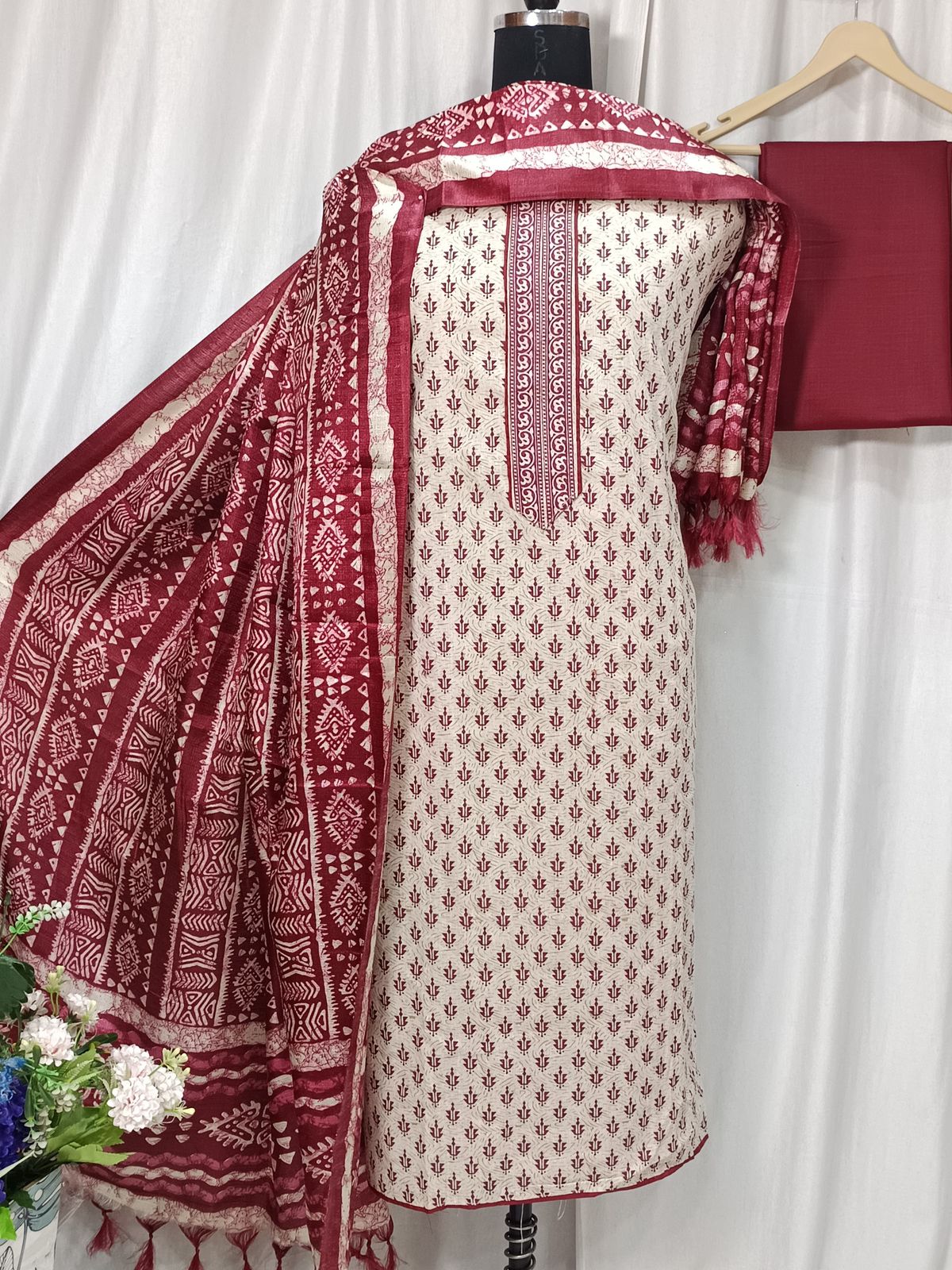 Khadi Cotton 3-Piece Suit – Printed & Embroidered