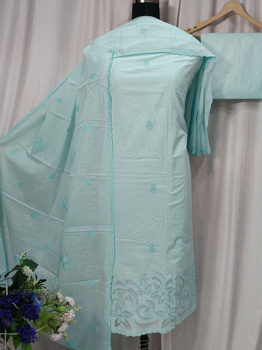 Cotton Embroidered Suit with Ghera Cutwork & Dupatta