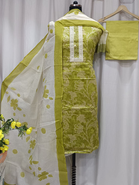 Cotton Mirror Work Suit with Brush-Painted Kota Dupatta
