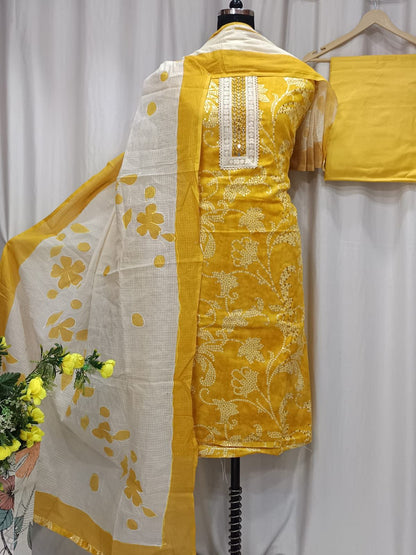 Cotton Mirror Work Suit with Brush-Painted Kota Dupatta