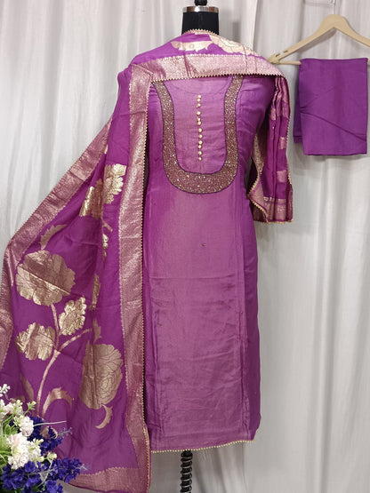 Pure Shimar Suit Set with Neck Handwork and Banarasi Dupatta