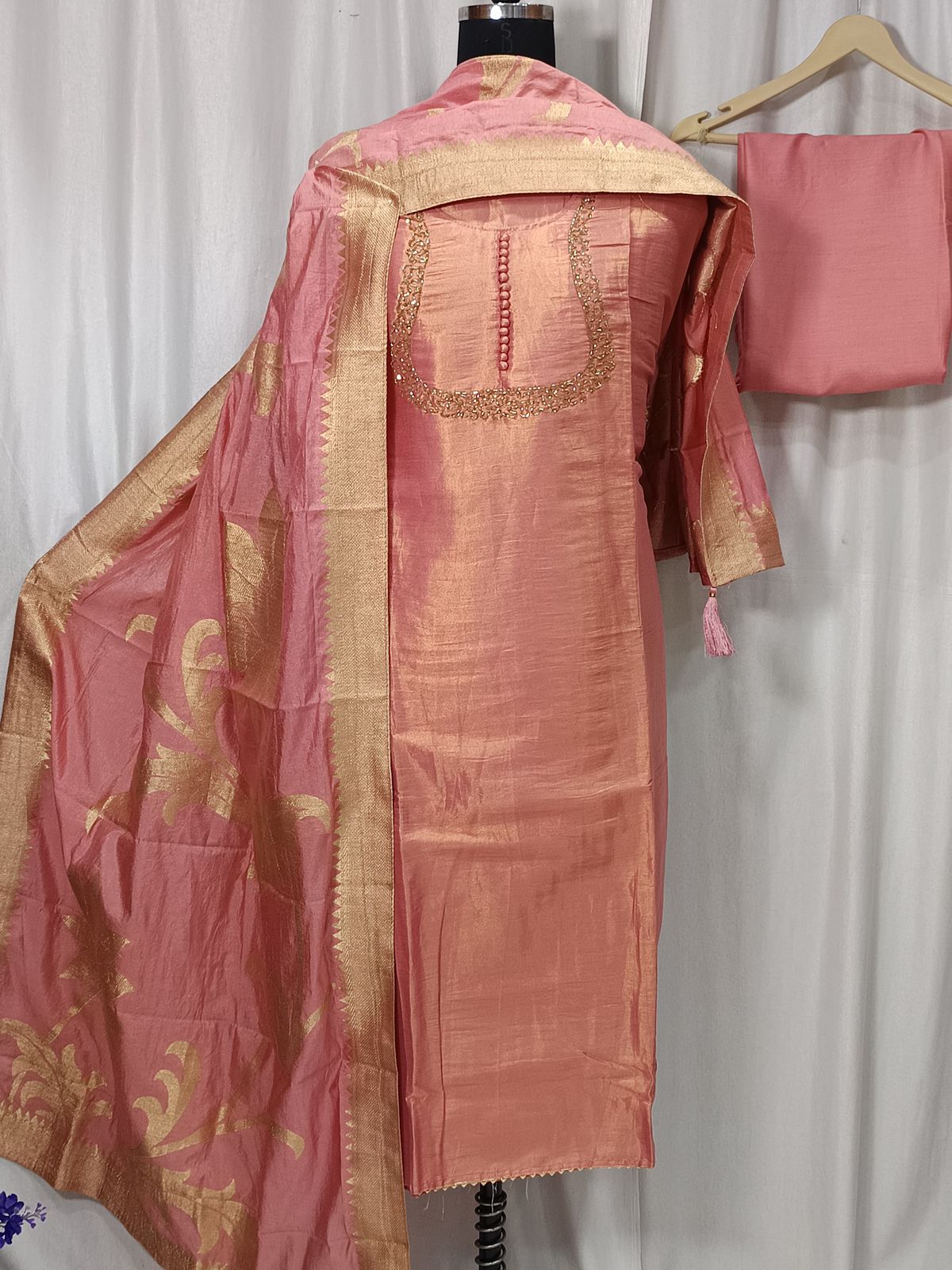 Pure Shimar Suit Set with Neck Handwork and Banarasi Dupatta