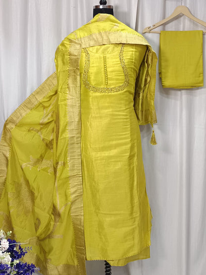 Pure Shimar Suit Set with Neck Handwork and Banarasi Dupatta