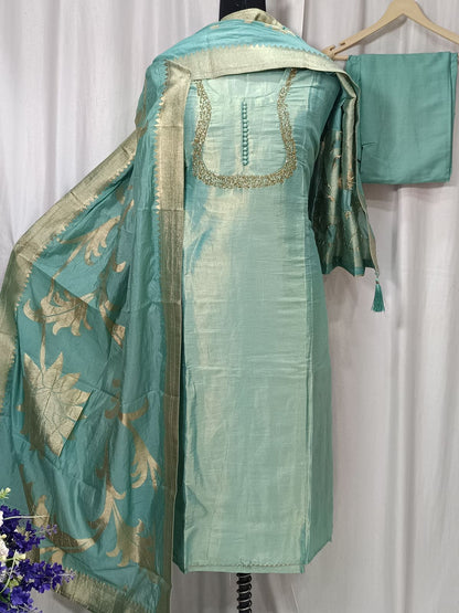 Pure Shimar Suit Set with Neck Handwork and Banarasi Dupatta