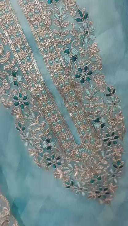 Pure Organza Digital Print Shirt with Neck Sequence Embroidery Work
